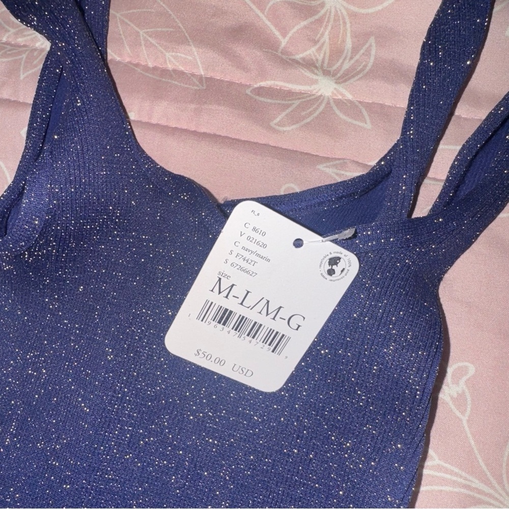 free people happiness runs square neck lurex navy blue sparkle M/L NWT - Picture 4 of 5